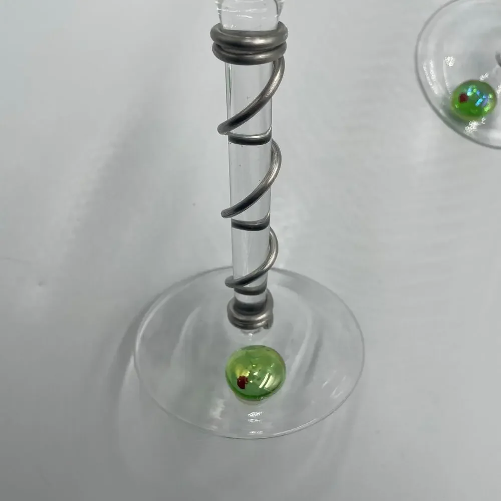 Set of 2 Wire Wrapped Martini Glasses Drinkware with Glass Olives Barware - Picture 4 of 7